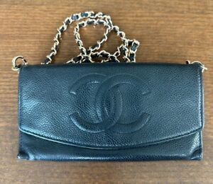 Authentic Chanel vintage Caviar Black leather flap  crossbody bag