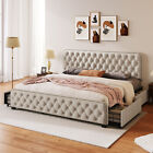 King Size Upholstered Platform Bed Frame with Headboard & Footboard & 4 Drawers