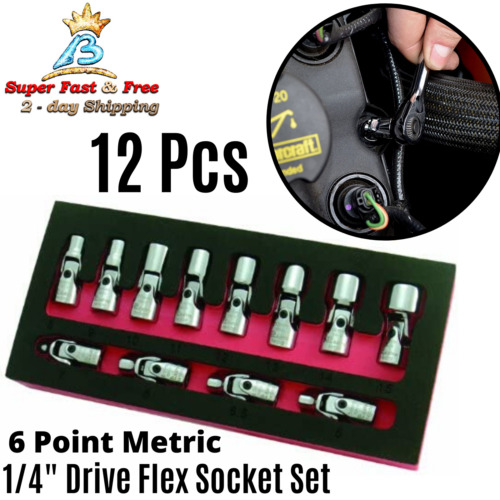 Flex Socket Set 1/4 Inch Swivel Flex Socket Set Metric Drive 6 Point 12 Pcs New