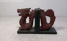 Vintage Carved Wooden Chinese Dragon Bookends Home Office Decorative Brown