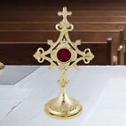 High Polished Brass Ornate Floury Cross Top Scrollwork Frame Reliquary 9 1/2 In
