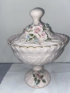 Vintage Lefton Pink Bisque Compote With Applied Roses, Lid