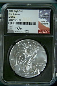 New Listing2018 AMERICAN SILVER EAGLE NGC MS70 FIRST DAY OF ISSUE FDI JOHN MERCANTI SIGNED