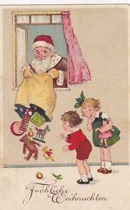 Santa Claus in red robe with gifts, kids.Vintage German postcard.