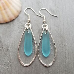 Hawaiian Jewelry Sea Glass Earrings, Hammered Wire Loop Turquoise Earrings Blue
