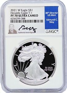 2021-W AMERICAN SILVER EAGLE 🦅 EDMUND MOY SIGNED 👌 NGC PF70 💎 T-1 ULTRA CAMEO