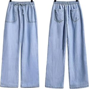 Women Elastic Waist Denim Jean Tencel Pants Pull On Wide Leg Jeans Baggy Palazzo