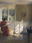 Woman Reading 28 x 21 Roll Canvas Art Print - Window View Painting