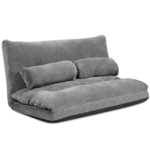 Floor Sofa Bed 6-Position Adjustable Sleeper Lounge Couch with 2 Pillows Grey