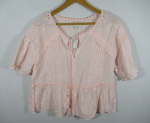 NEW Penelope Rose Embroidered Eyelet Peasant Blouse Women XL Pink Pleated