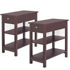 2 Pieces Wood MDF Frame End Table W/ Drawer Brown Finish Simple Style Furniture