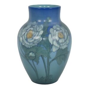 New ListingRookwood 1924 Arts And Crafts Pottery Floral Blue Vellum Ceramic Vase 927E Diers