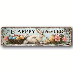 Rustic Metal Happy Easter Sign 16x4 inches Bunny & Easter Eggs Pre-Drilled Holes