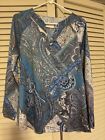 Chicos Travelers Long Sleeve Tunic Top Blouse Blue Paisley V Neck Sz 0 (small)