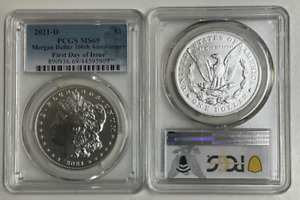 2021 D Morgan Silver Dollar $1 PCGS MS69 First Day Of Issue 100Th Aniv Blue