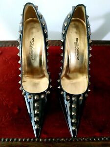 Dolce & Gabbana Women's Black Patent Leather  High Heels Shoes With Studs Italy
