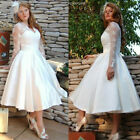 Plus Size Garden Short Wedding Dresses Long Sleeve V Neck A Line Tea Length Gown
