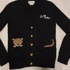 Kate Spade XS Black Wool  'Meow'  Leopard Cardigan  With Pockets & METAL Buttons