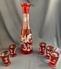 Ruby Red Egermann Czech Bohemian Etched Glass Decanter  Port Set of 5