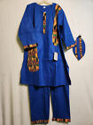 Men African Long Dashiki Pant Suit With Kente Print Cloth Patches Blue Free Size