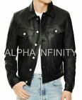 Men's Slim fit Black Trucker Genuine Sheepskin Leather Jacket