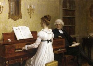 Oil painting Edmund-Blair-Leighton-The-Piano-Lesson young girl playing teacher