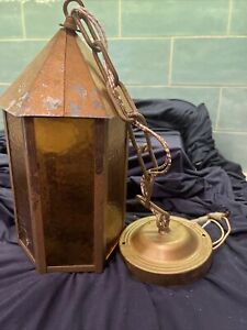 Antique Arts And Crafts Hanging Porch Light Amber Glass Panels 26” Works Fine