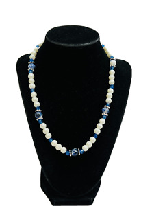 Beaded Necklace Sodalite, Faux Pearl, Crystal Gems Silver Tone 18-22 inch Strand
