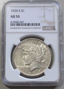 KEY DATE $1 1934 S PEACE SILVER DOLLAR NGC AU 55 TOUGH DATE AND GRADE CODE002