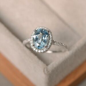 2.30 Ct Oval Cut Natural Aquamarine Diamond  Ring 14K Solid White Gold Size 7