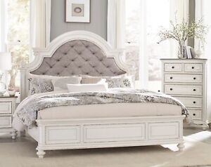 Antique White Finish King Size Bed 1pc Button-Tufted HB Wooden Furniture