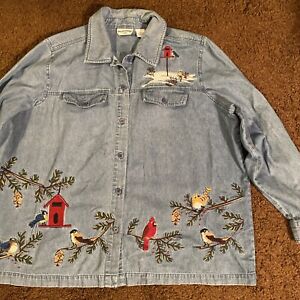Vtg Breckenridge Denim Bird Shirt Cardinal Pine Tree Womens 1X XL Button Up EUC
