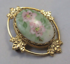 Vintage Hand Painted Porcelain Pink Flowers Green Brooch Pin Gold Tone Signed B