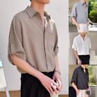 Men Loose Short Sleeve Casual T-shirts Ice Silk Chiffon Shirts Solid Dress Shirt