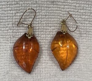Vintage 14K Gold Amber Leaf Earrings