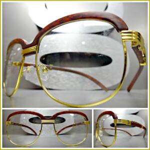 Mens CLASSY 70s Retro Style Clear Lens EYE GLASSES Gold & Faux Wood Wooden Frame