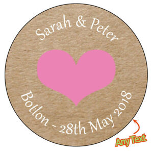 Personalised Wedding Shabby Kraft Effect Favour Heart Colours Stickers  910