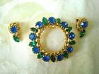 Vintage Wreath Circle Pin and Clip Earrings With Blue and Green Rhinestones