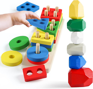 New ListingWooden Sorting & Stacking Rocks Stones Toys for Toddlers Kids,Shape Sorter Toys