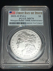 2021 O 1$ .999 Fine Silver Morgan Dollar 100th Ann First Day of Issue PCGS MS70