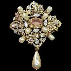 SCHREINER NY Signed Baroque Faux Pearl & Crystal Pendant Pin