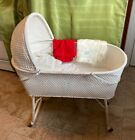 Vintage 1950’s rattan/woven wicker white baby bassinet with hood, bedding