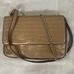 DKNY Sina Flap Medium Crossbody Tan Shoulder Bag Faux Croc Chain MSRP $229