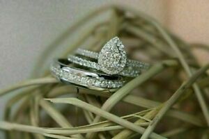 14K White Gold Over His & Her Trio Engagement Ring Set Created Bridal Band Ring