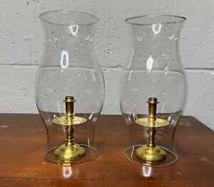 New ListingVTG Pair - Brass Candlesticks With Hurricane Glass - Colonial Style