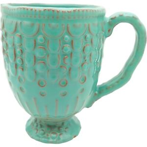 New ListingAnthropologie Terracotta Pottery Mug, 12oz Turquoise Green Brown Footed Textured