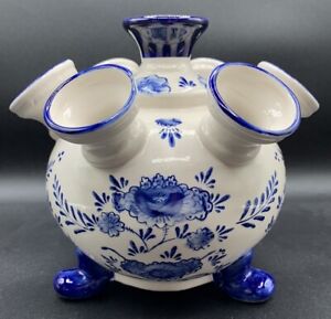 Deco Holland Blue White 3 Footed Ceramic 7 Arms Tulip Vase