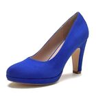 Women's Round Toe Low Platform High Heel Pumps 6 Blue Suede