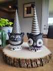 (2) Halloween Owl & Cat Party Hat Paper Mache Black White Decor Vtg Style Goth