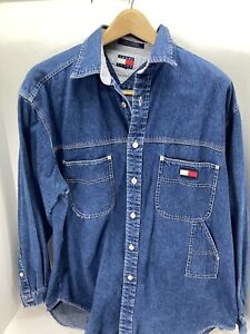 Tommy Jeans Hilfiger Denim Shirt Men Size XL Blue Long Sleeve Silver Button VTG